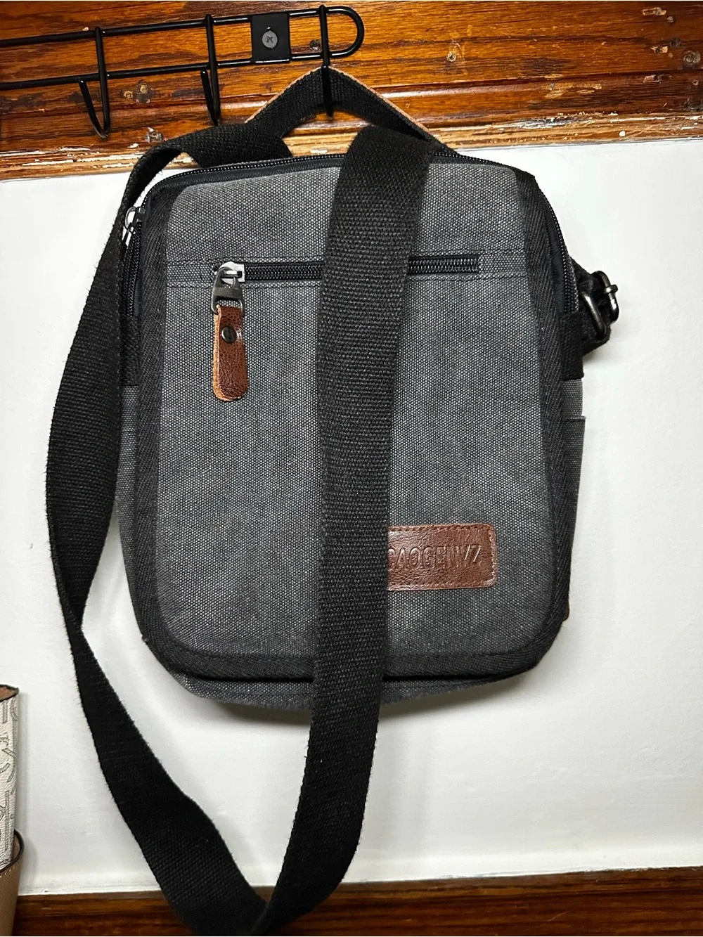 Men's Small Crossbody Shoulder Bag - Gray with Brown Accents